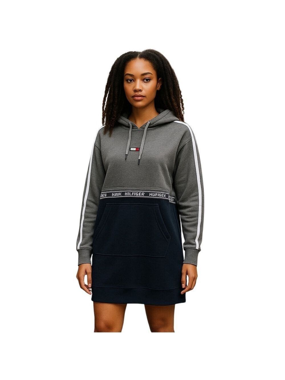 Tommy Hilfiger Women’s Long Velour Grey Logo Hoodie Sweatshirt Navy Size XS